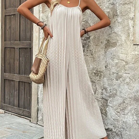 Apricot Casual Women's Solid Color Spaghetti Strap Jumpsuit - Picture 4 of 7